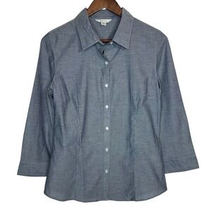 NEW Garnet Hill Chambray Blue‎ Easy Button Up Shirt XS Collared 3/4 Sleeve Top